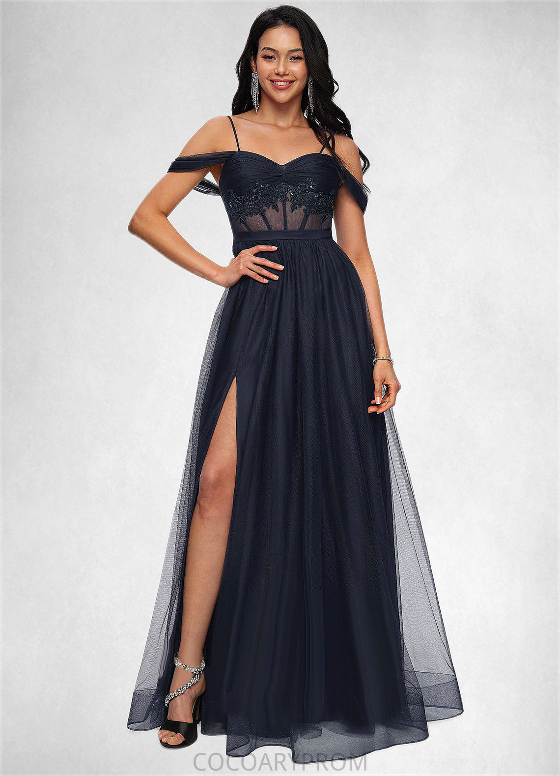 Diamond Ball-Gown/Princess Off the Shoulder Floor-Length Tulle Prom Dresses With Appliques Lace Sequins DA8P0022221