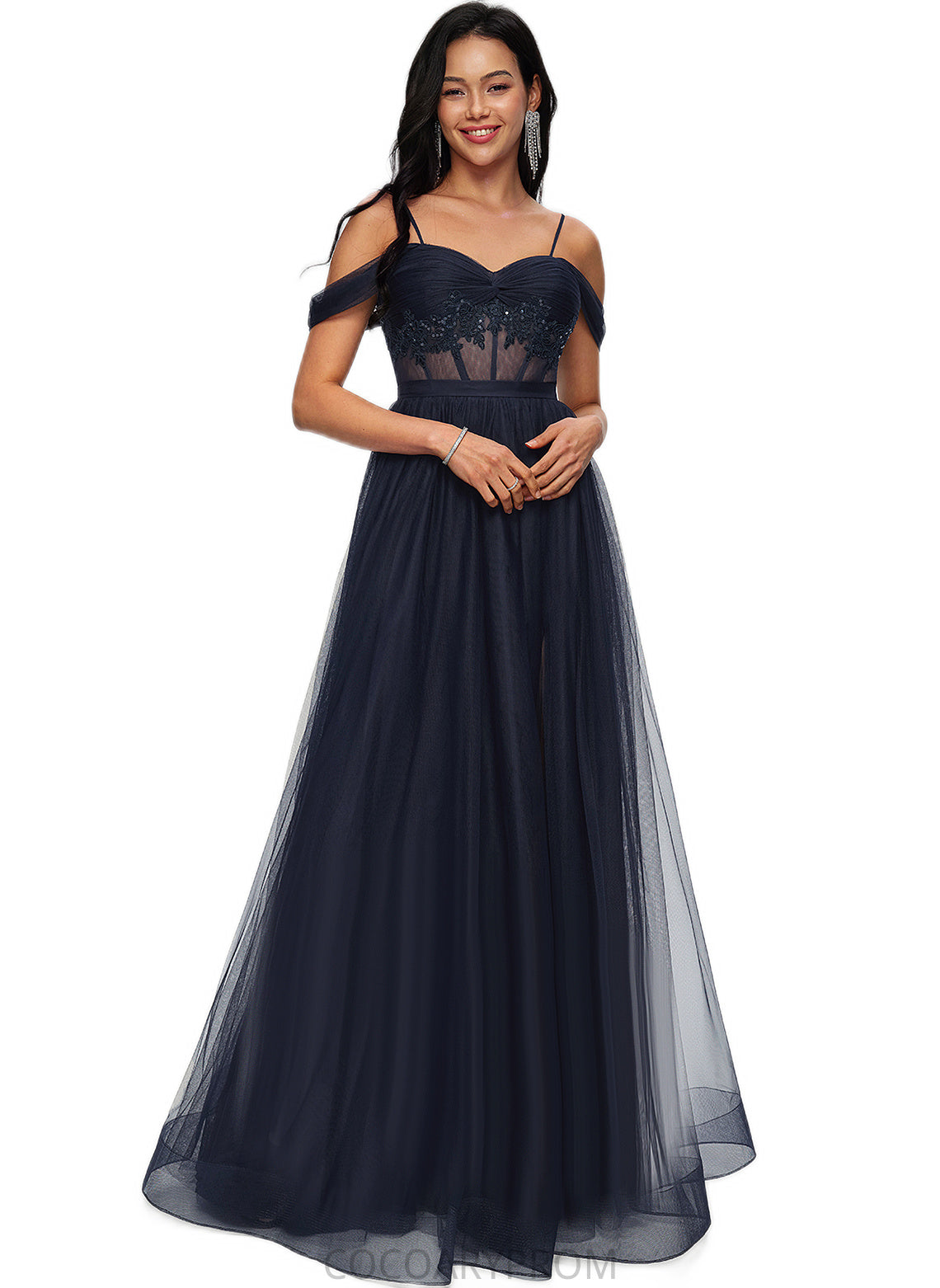 Sydney Ball-Gown/Princess Off the Shoulder Floor-Length Tulle Prom Dresses With Appliques Lace Sequins DA8P0022221