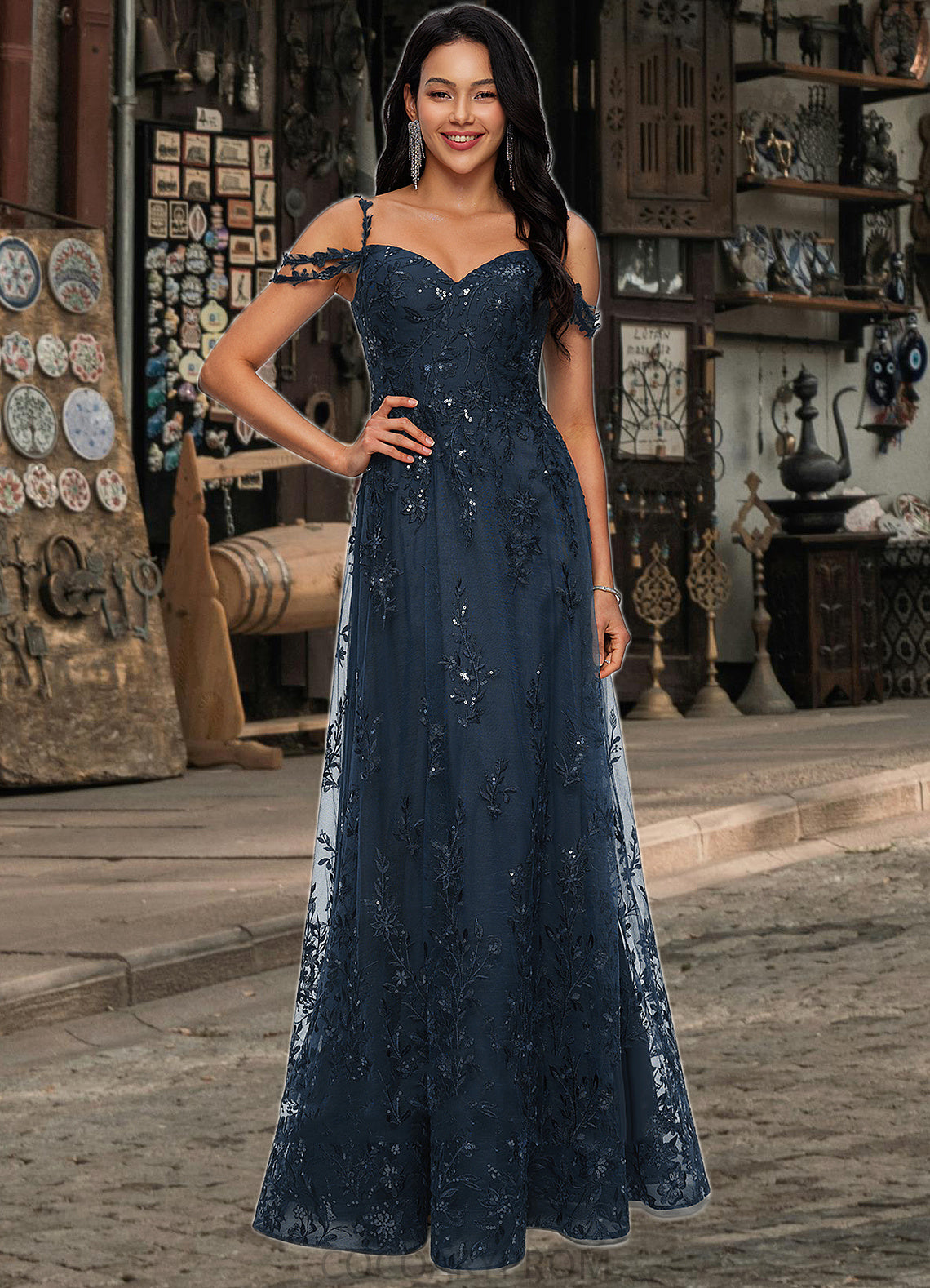 Savannah A-line V-Neck Floor-Length Lace Prom Dresses With Sequins DA8P0022222