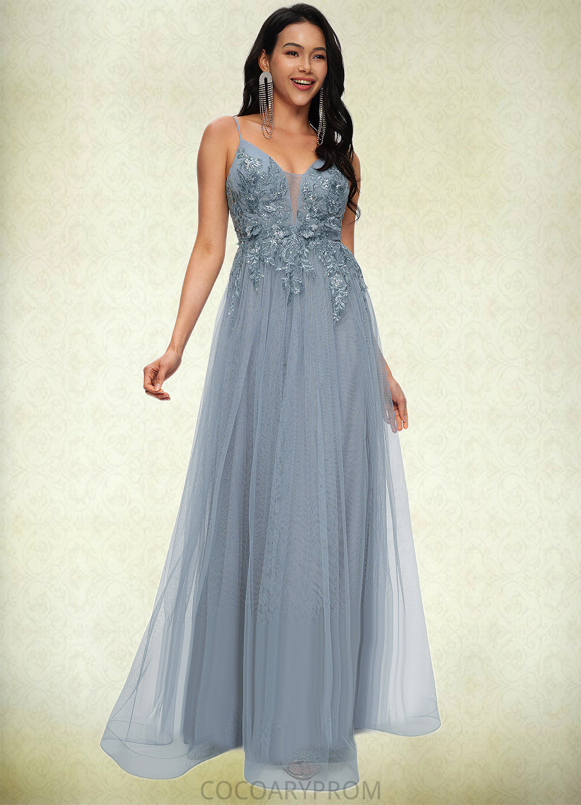 Kierra A-line V-Neck Floor-Length Tulle Prom Dresses With Appliques Lace Sequins DA8P0022223