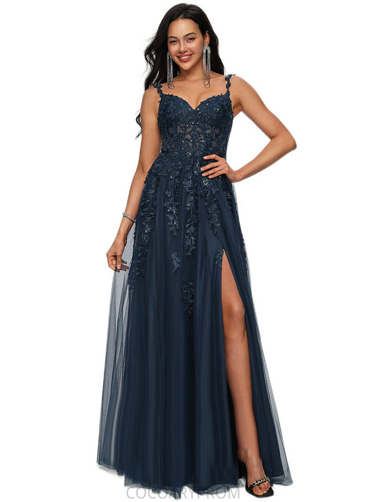 Jakayla A-line V-Neck Floor-Length Tulle Prom Dresses With Sequins DA8P0022224