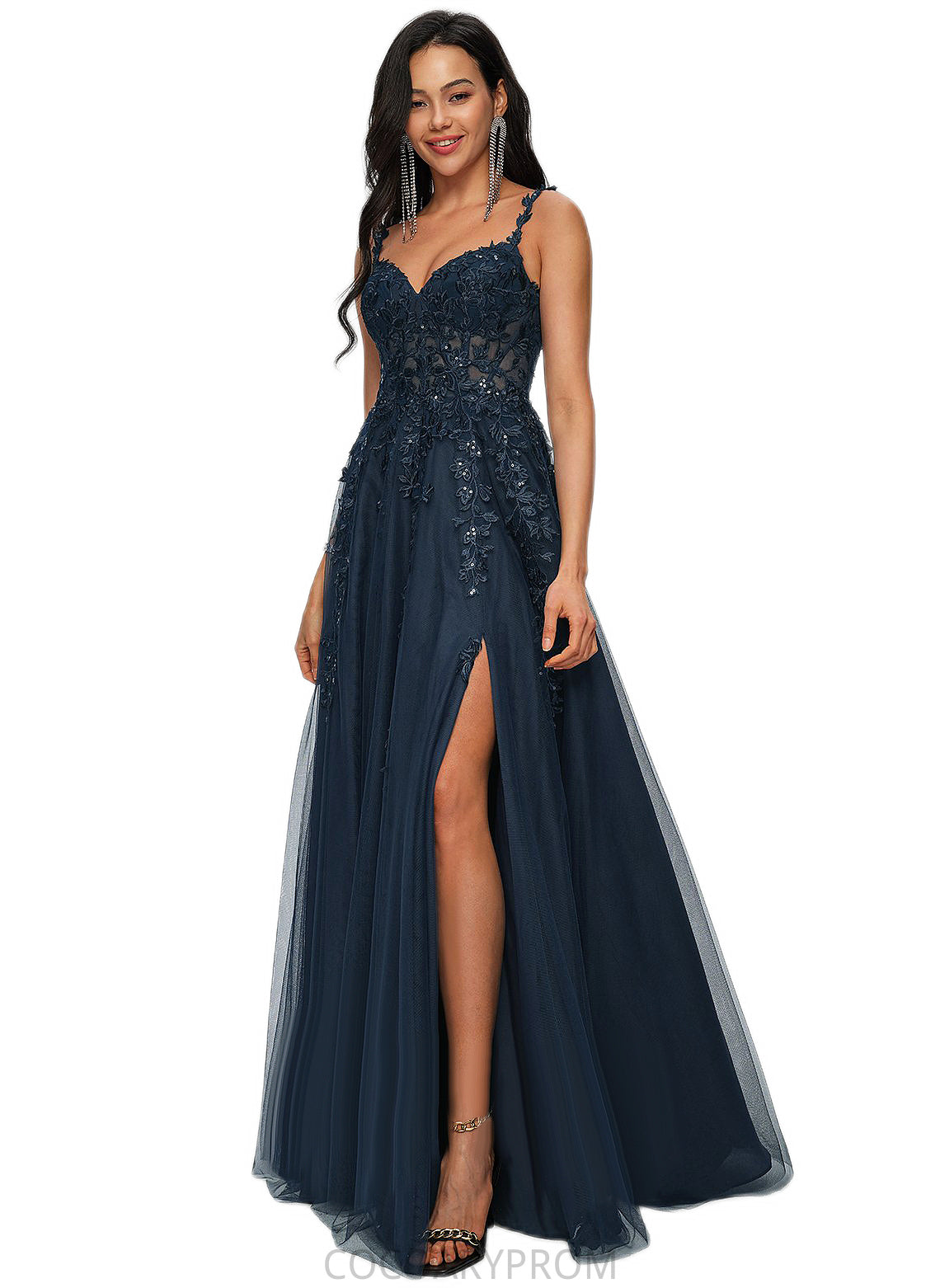 Jakayla A-line V-Neck Floor-Length Tulle Prom Dresses With Sequins DA8P0022224