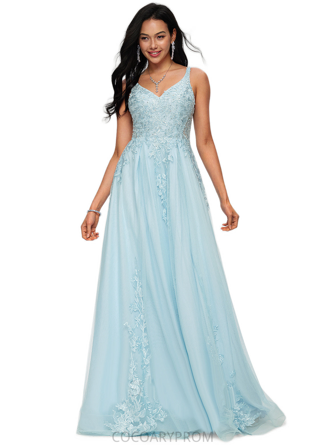 Patti A-line V-Neck Floor-Length Tulle Prom Dresses With Rhinestone Appliques Lace Sequins DA8P0022225