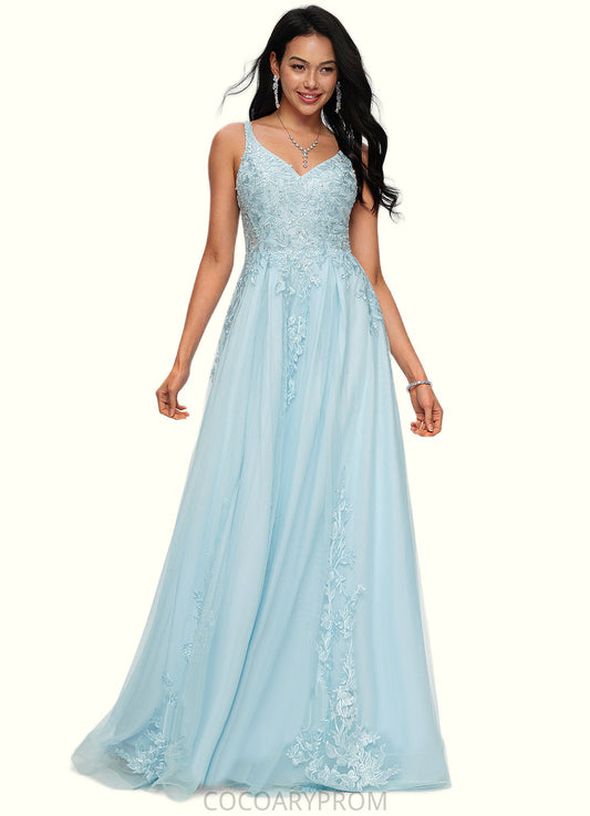 Alicia A-line V-Neck Floor-Length Tulle Prom Dresses With Rhinestone Appliques Lace Sequins DA8P0022225