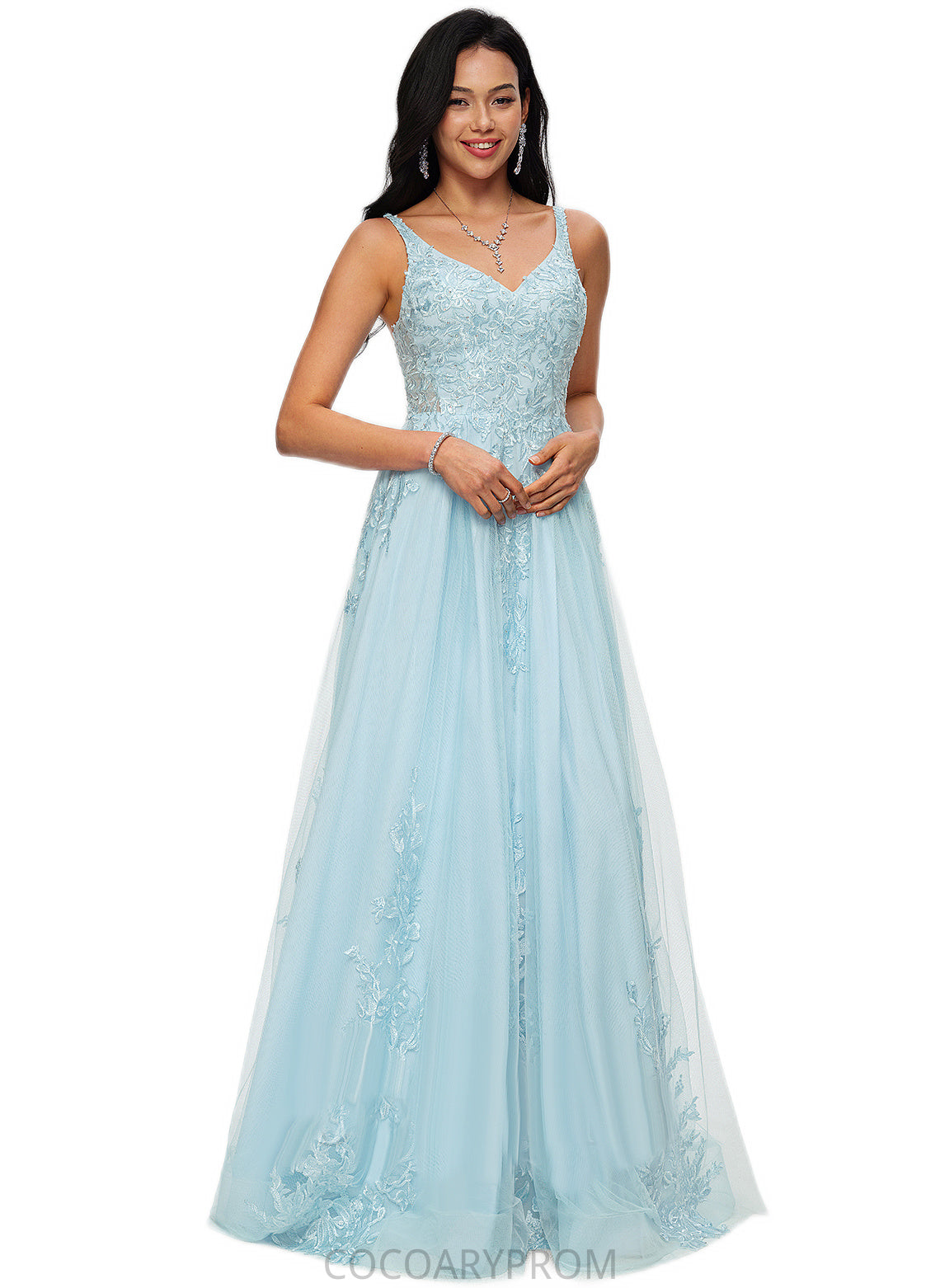 Patti A-line V-Neck Floor-Length Tulle Prom Dresses With Rhinestone Appliques Lace Sequins DA8P0022225