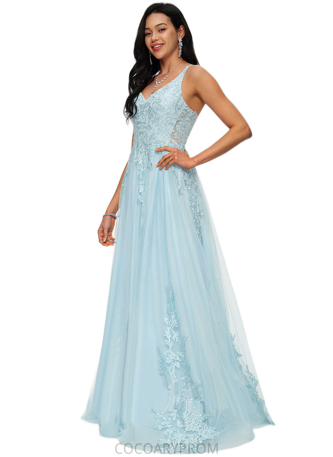 Patti A-line V-Neck Floor-Length Tulle Prom Dresses With Rhinestone Appliques Lace Sequins DA8P0022225