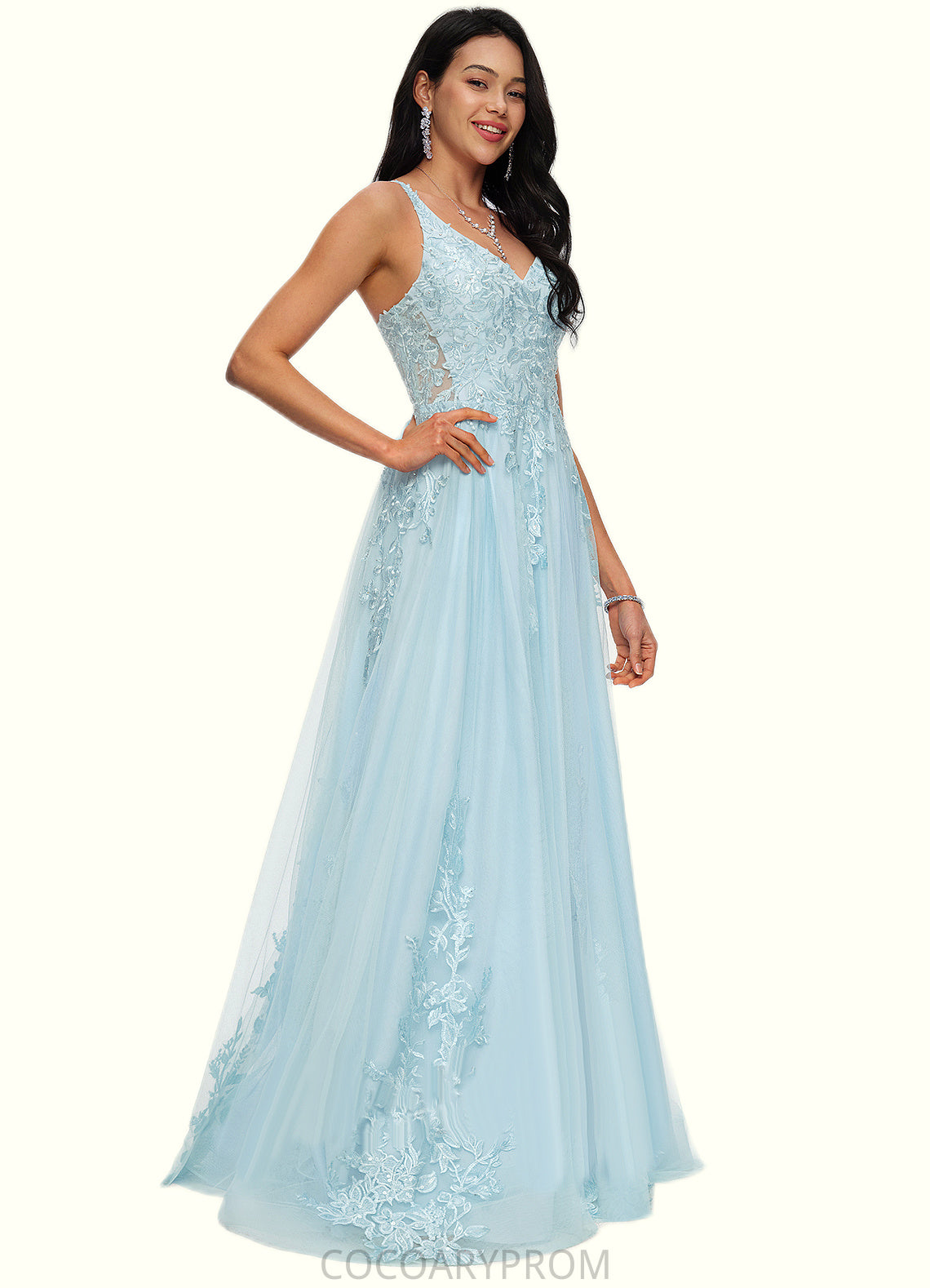 Alicia A-line V-Neck Floor-Length Tulle Prom Dresses With Rhinestone Appliques Lace Sequins DA8P0022225