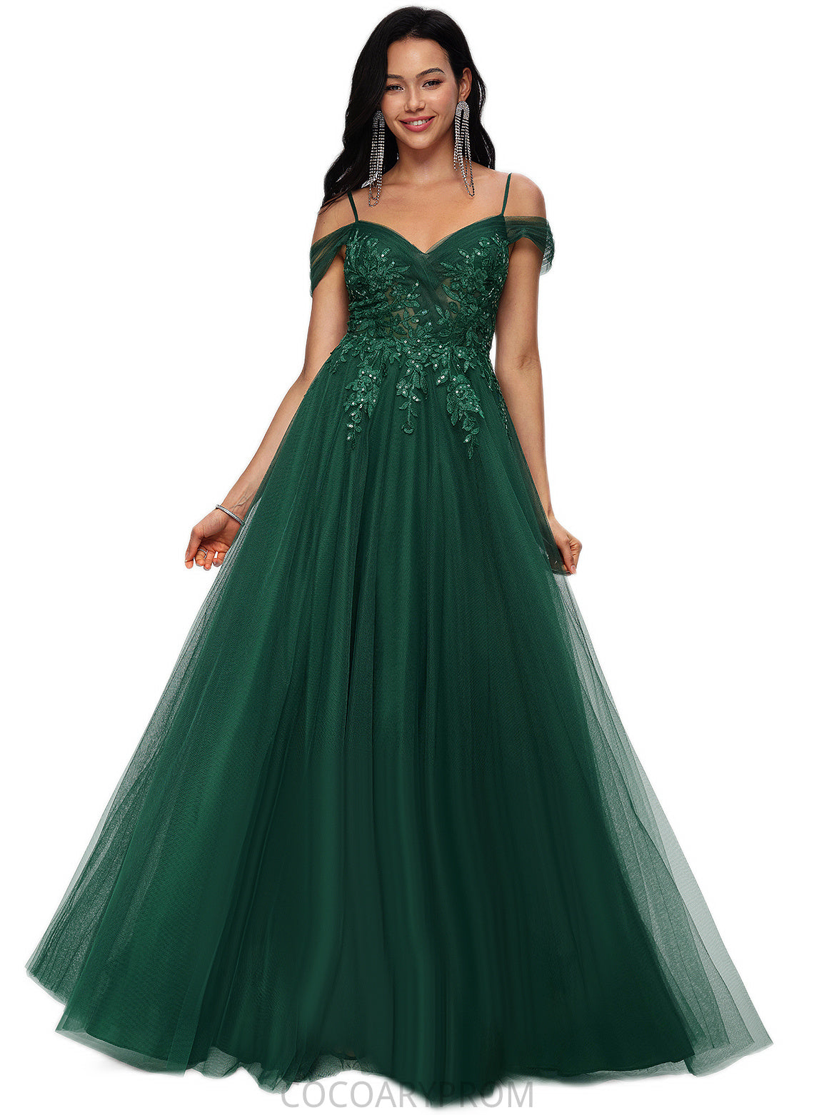 LuLu A-line Off the Shoulder Floor-Length Tulle Prom Dresses With Appliques Lace Sequins DA8P0022231