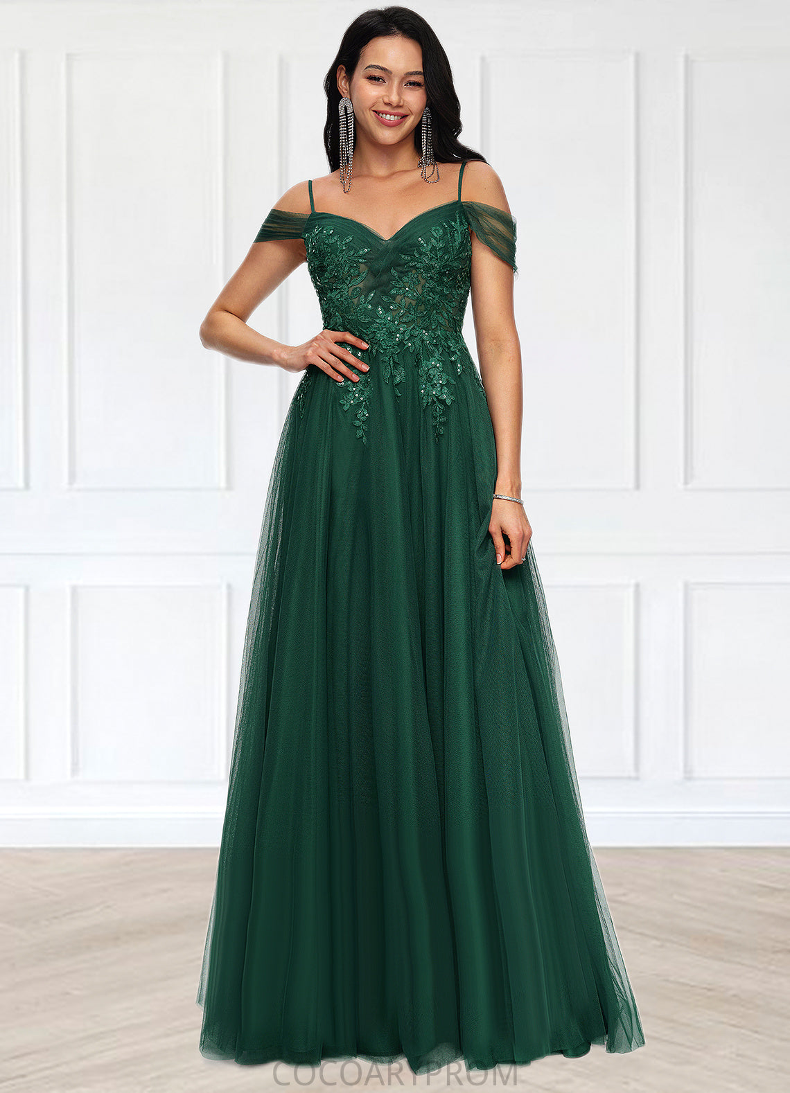 Logan A-line Off the Shoulder Floor-Length Tulle Prom Dresses With Appliques Lace Sequins DA8P0022231