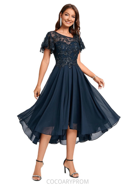 Sanai A-line Asymmetrical Asymmetrical Chiffon Lace Cocktail Dress With Ruffle Sequins DA8P0022235