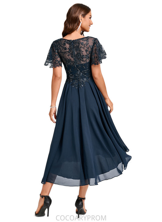 Sanai A-line Asymmetrical Asymmetrical Chiffon Lace Cocktail Dress With Ruffle Sequins DA8P0022235