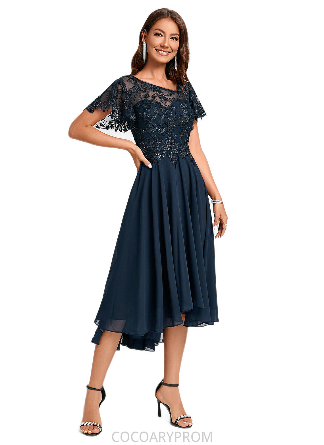 Sanai A-line Asymmetrical Asymmetrical Chiffon Lace Cocktail Dress With Ruffle Sequins DA8P0022235