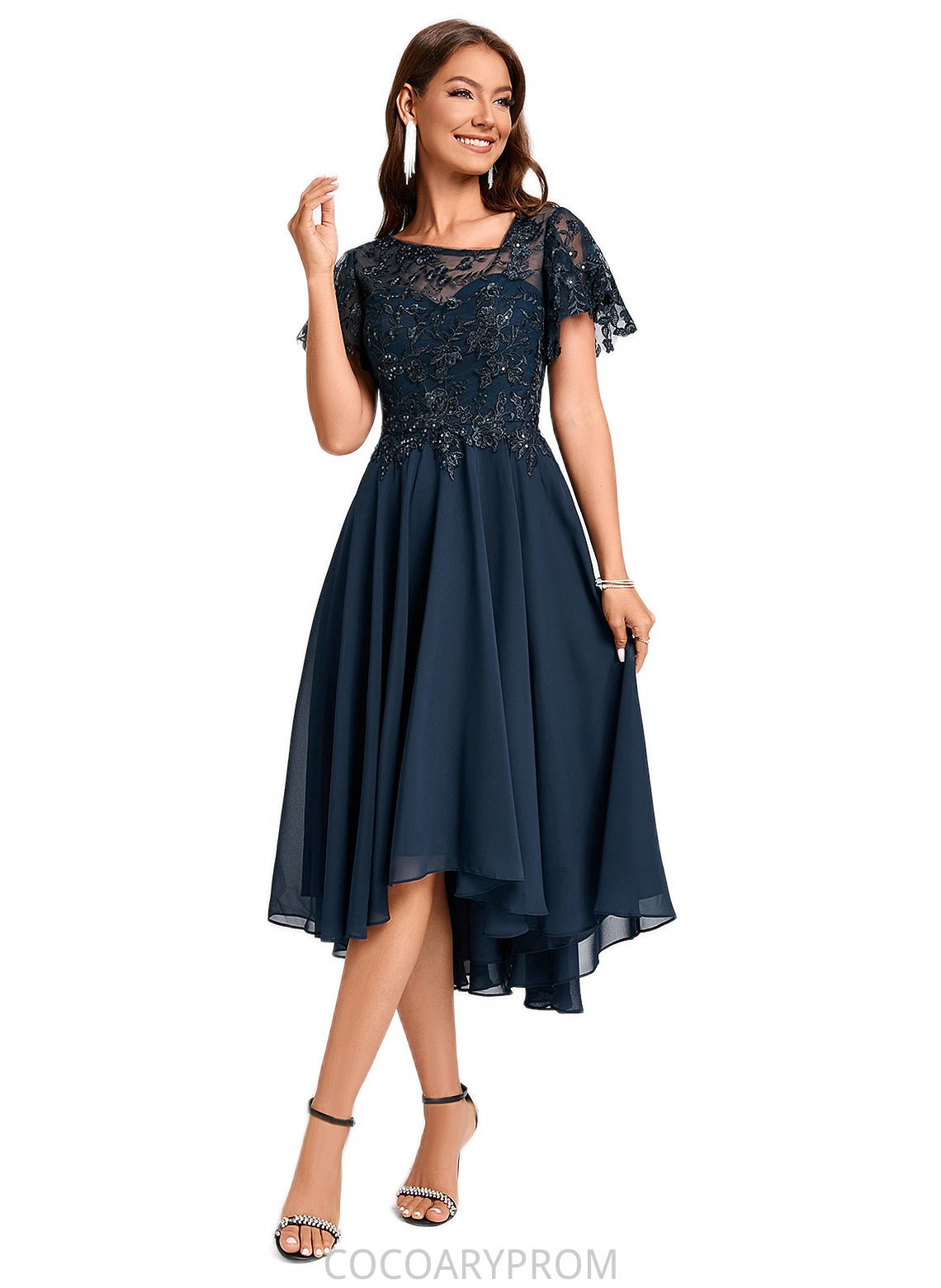 Sanai A-line Asymmetrical Asymmetrical Chiffon Lace Cocktail Dress With Ruffle Sequins DA8P0022235