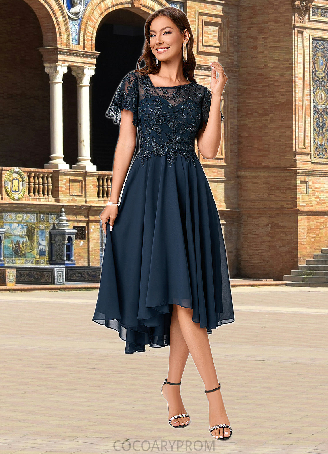 Alison A-line Asymmetrical Asymmetrical Chiffon Lace Cocktail Dress With Ruffle Sequins DA8P0022235