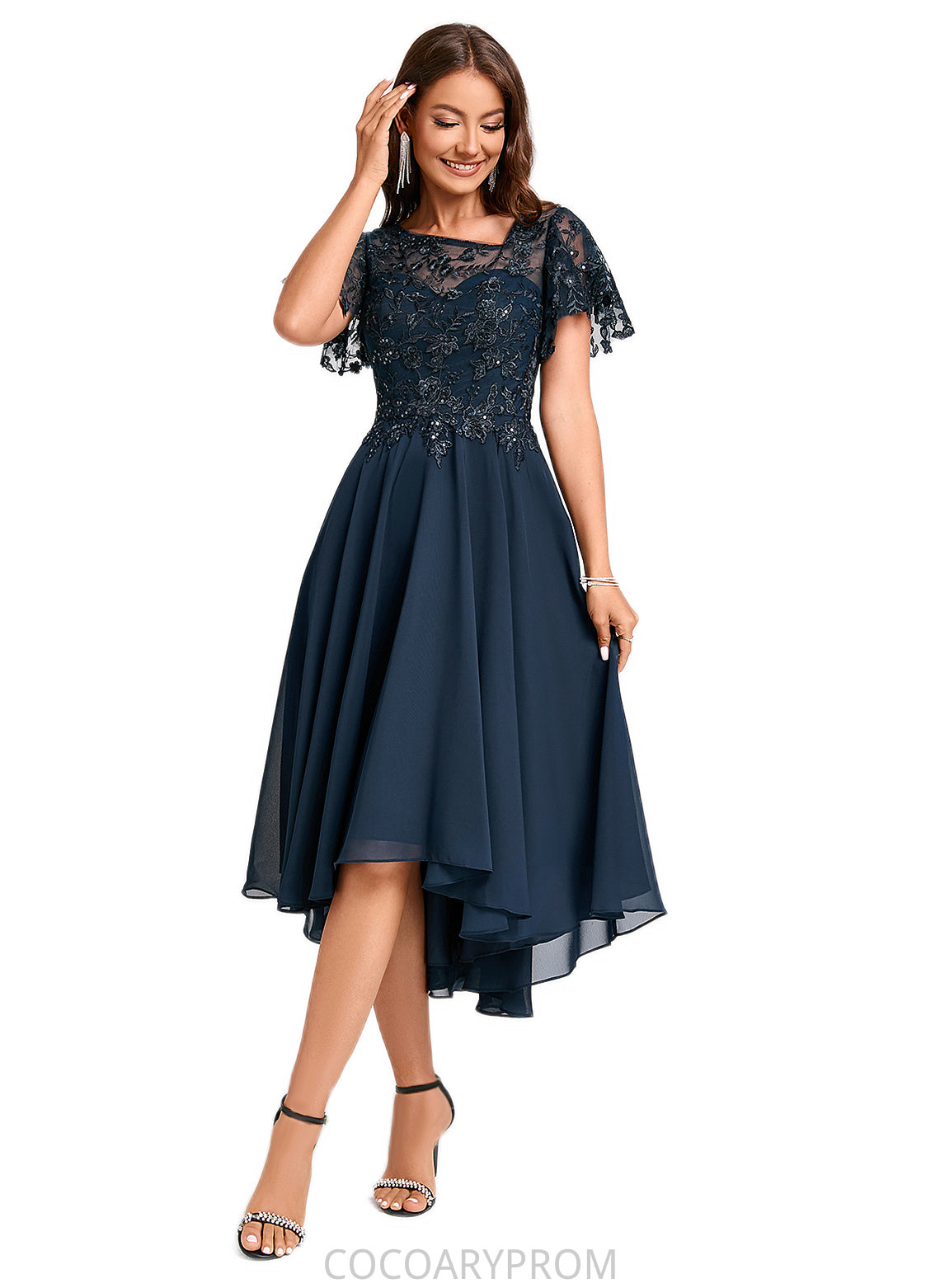 Sanai A-line Asymmetrical Asymmetrical Chiffon Lace Cocktail Dress With Ruffle Sequins DA8P0022235