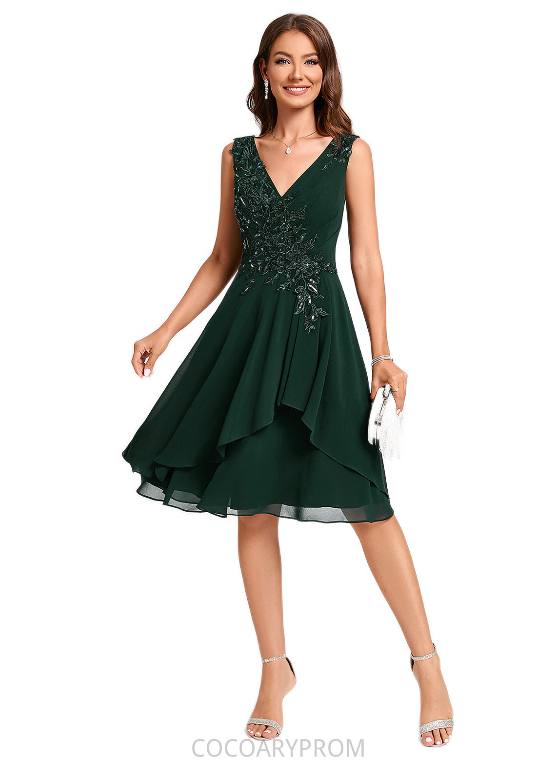 Terri A-line V-Neck Knee-Length Chiffon Lace Cocktail Dress With Appliques Lace Sequins DA8P0022237