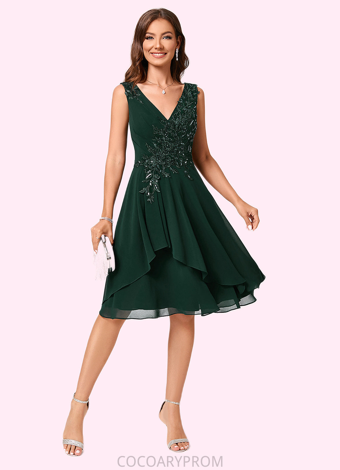 Jamiya A-line V-Neck Knee-Length Chiffon Lace Cocktail Dress With Appliques Lace Sequins DA8P0022237