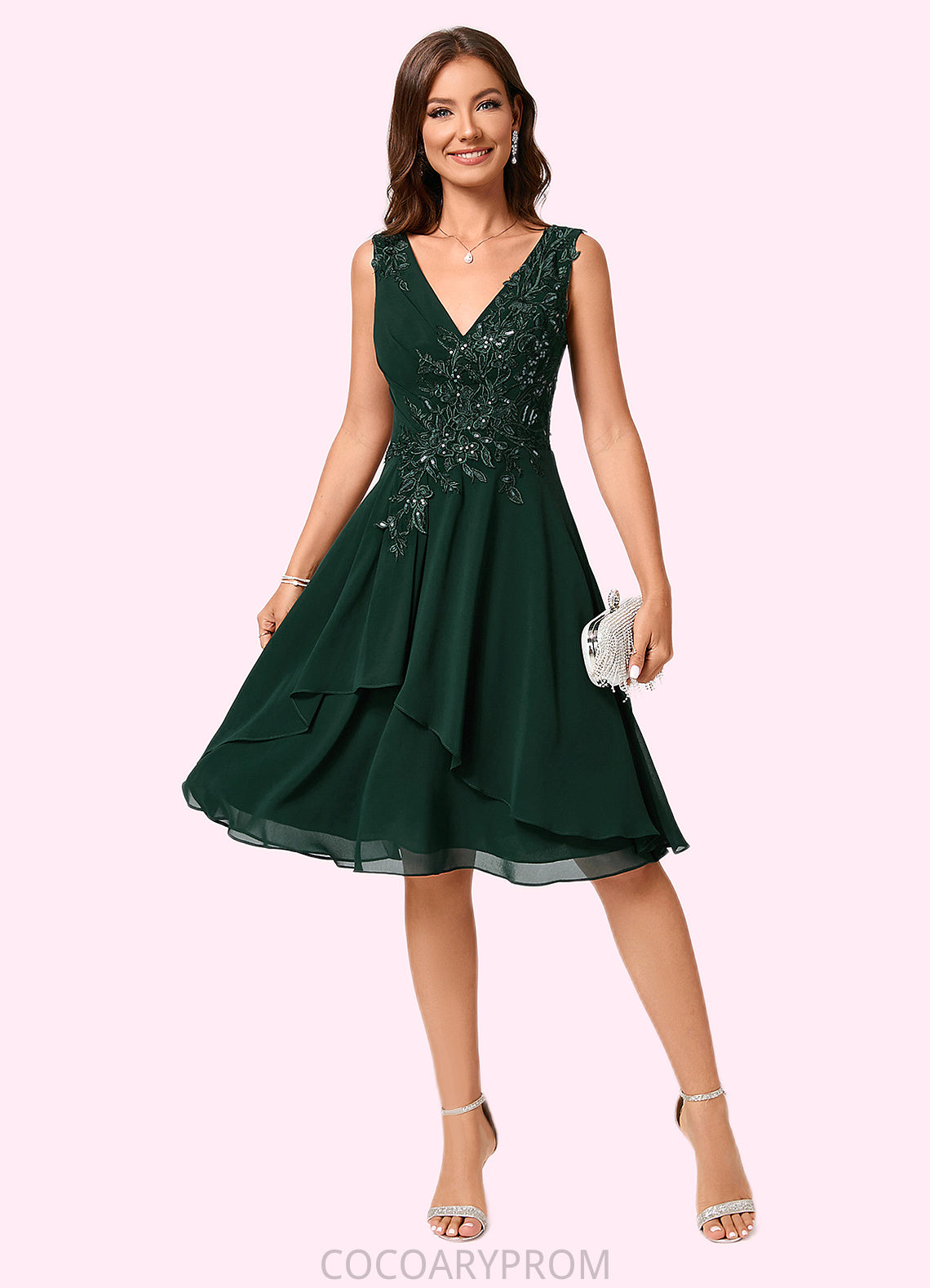 Jamiya A-line V-Neck Knee-Length Chiffon Lace Cocktail Dress With Appliques Lace Sequins DA8P0022237