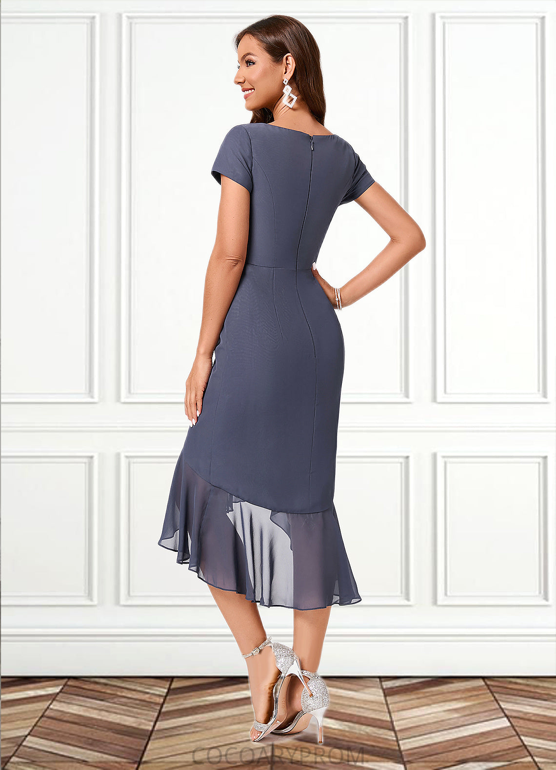 Katrina Sheath/Column V-Neck Asymmetrical Chiffon Cocktail Dress With Cascading Ruffles Ruffle DA8P0022239