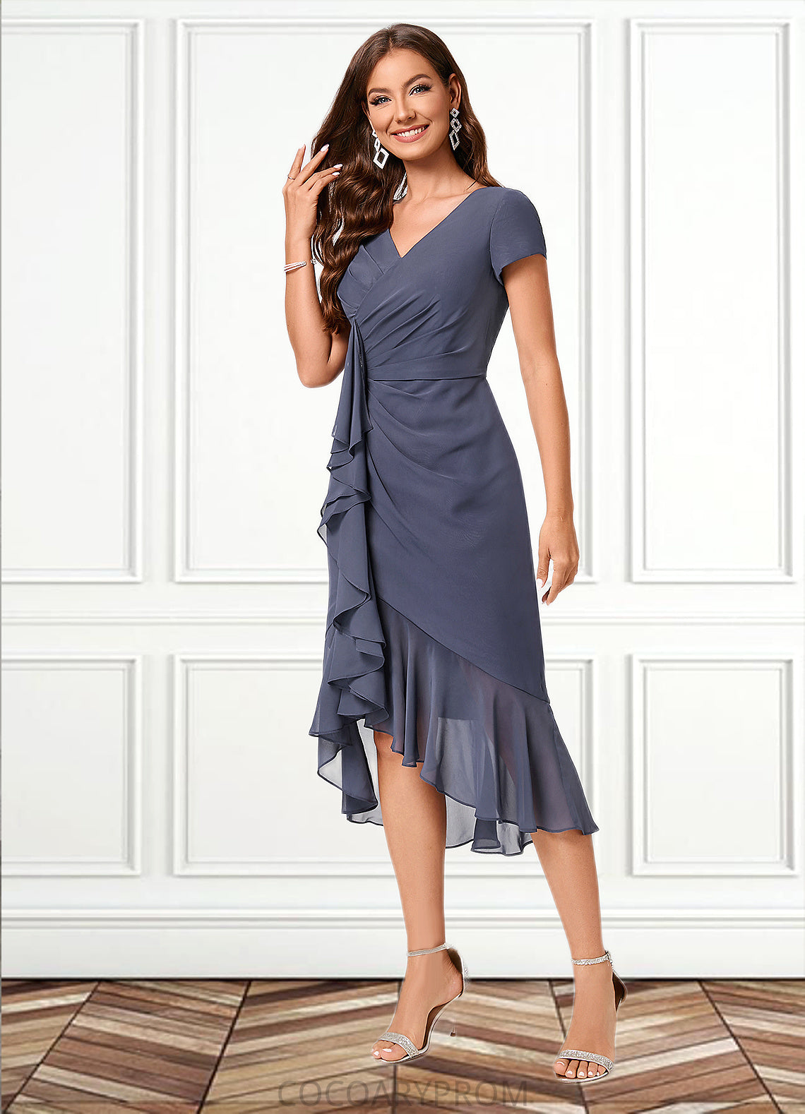 Katrina Sheath/Column V-Neck Asymmetrical Chiffon Cocktail Dress With Cascading Ruffles Ruffle DA8P0022239