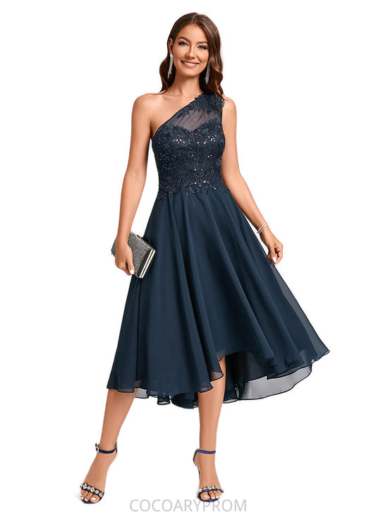 Charlotte A-line One Shoulder Asymmetrical Chiffon Lace Sequin Cocktail Dress With Sequins DA8P0022245