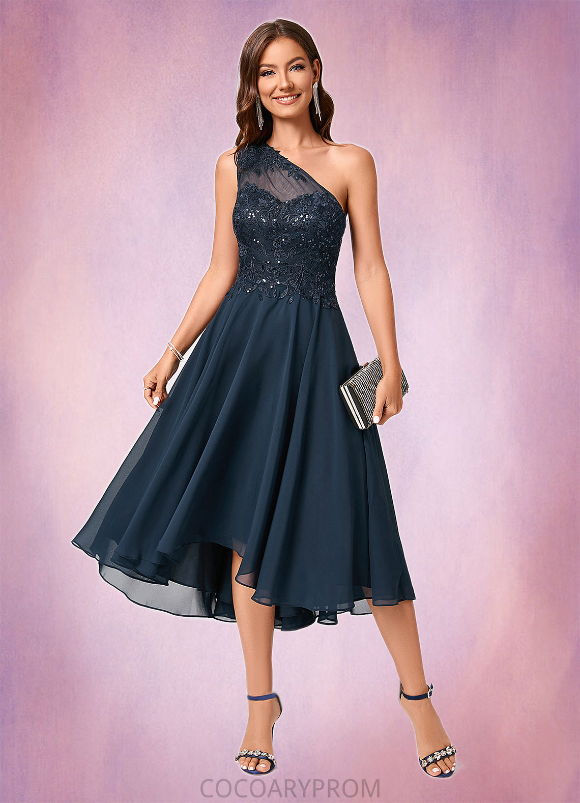 Jenna A-line One Shoulder Asymmetrical Chiffon Lace Sequin Cocktail Dress With Sequins DA8P0022245