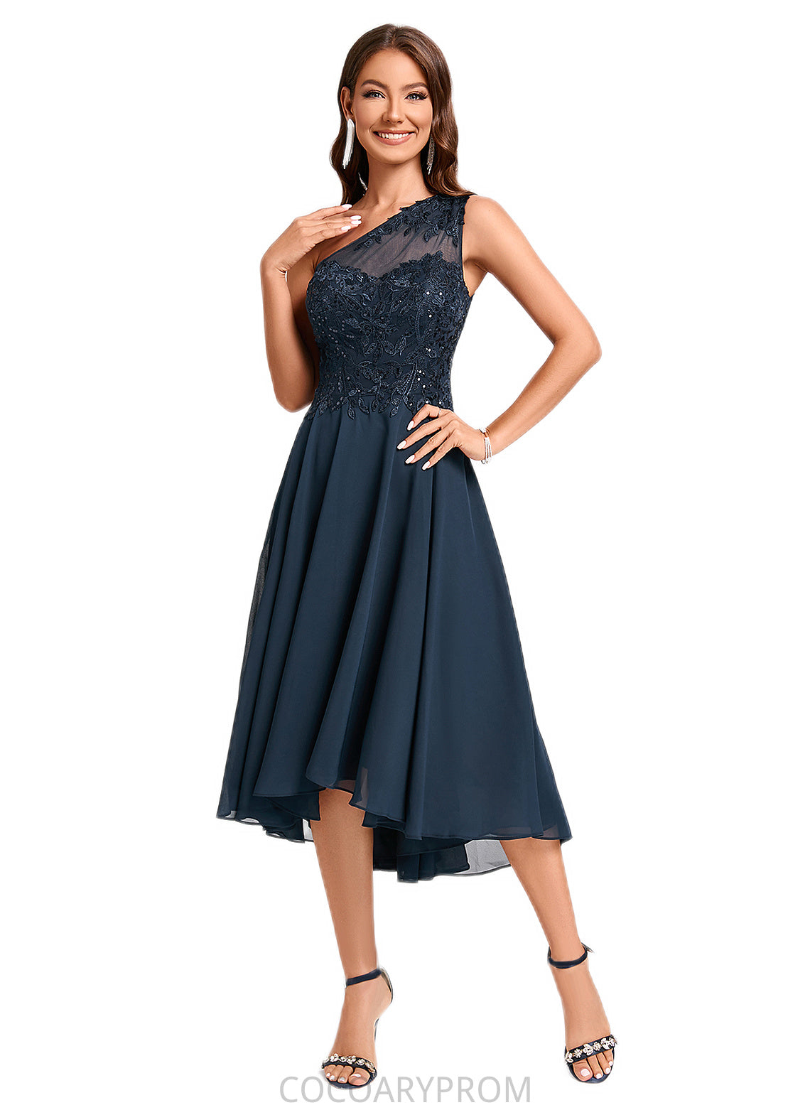 Charlotte A-line One Shoulder Asymmetrical Chiffon Lace Sequin Cocktail Dress With Sequins DA8P0022245