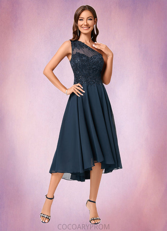 Jenna A-line One Shoulder Asymmetrical Chiffon Lace Sequin Cocktail Dress With Sequins DA8P0022245