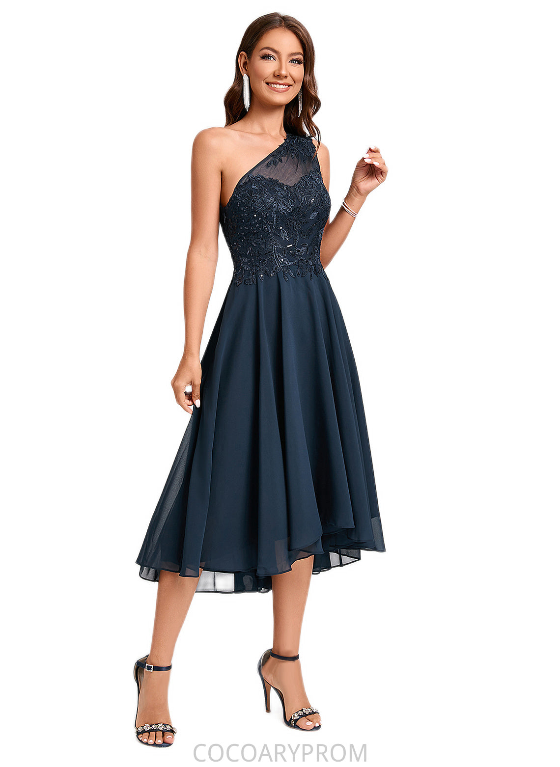 Charlotte A-line One Shoulder Asymmetrical Chiffon Lace Sequin Cocktail Dress With Sequins DA8P0022245