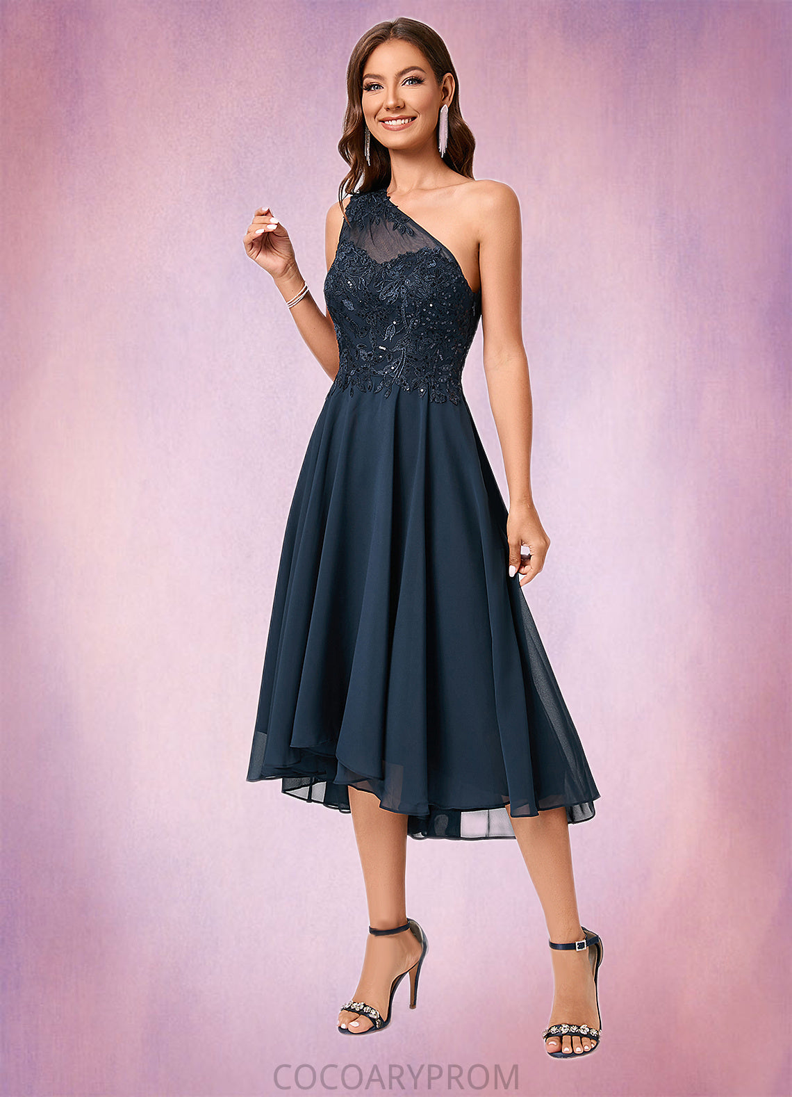 Jenna A-line One Shoulder Asymmetrical Chiffon Lace Sequin Cocktail Dress With Sequins DA8P0022245