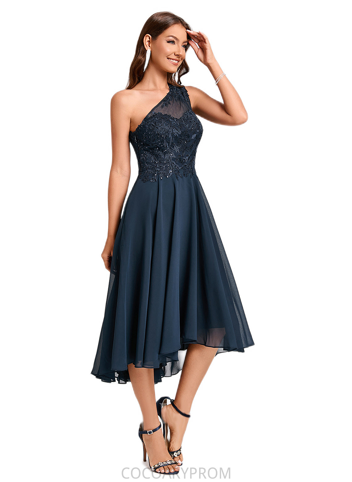 Charlotte A-line One Shoulder Asymmetrical Chiffon Lace Sequin Cocktail Dress With Sequins DA8P0022245