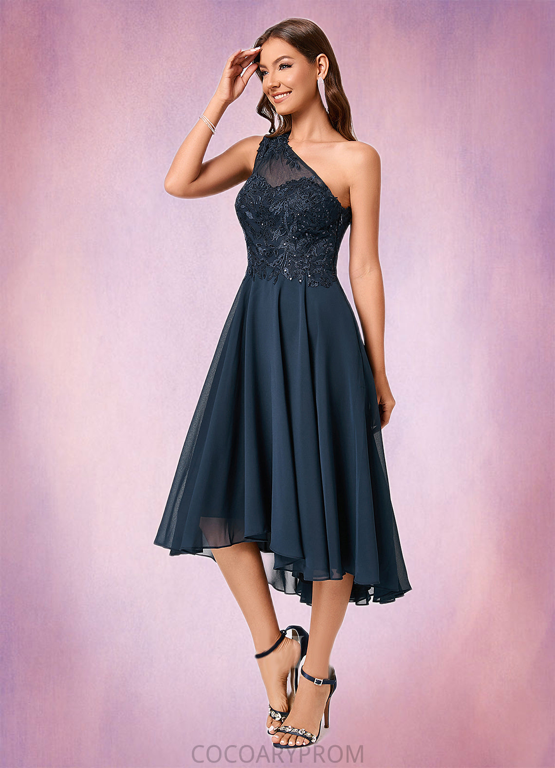 Jenna A-line One Shoulder Asymmetrical Chiffon Lace Sequin Cocktail Dress With Sequins DA8P0022245