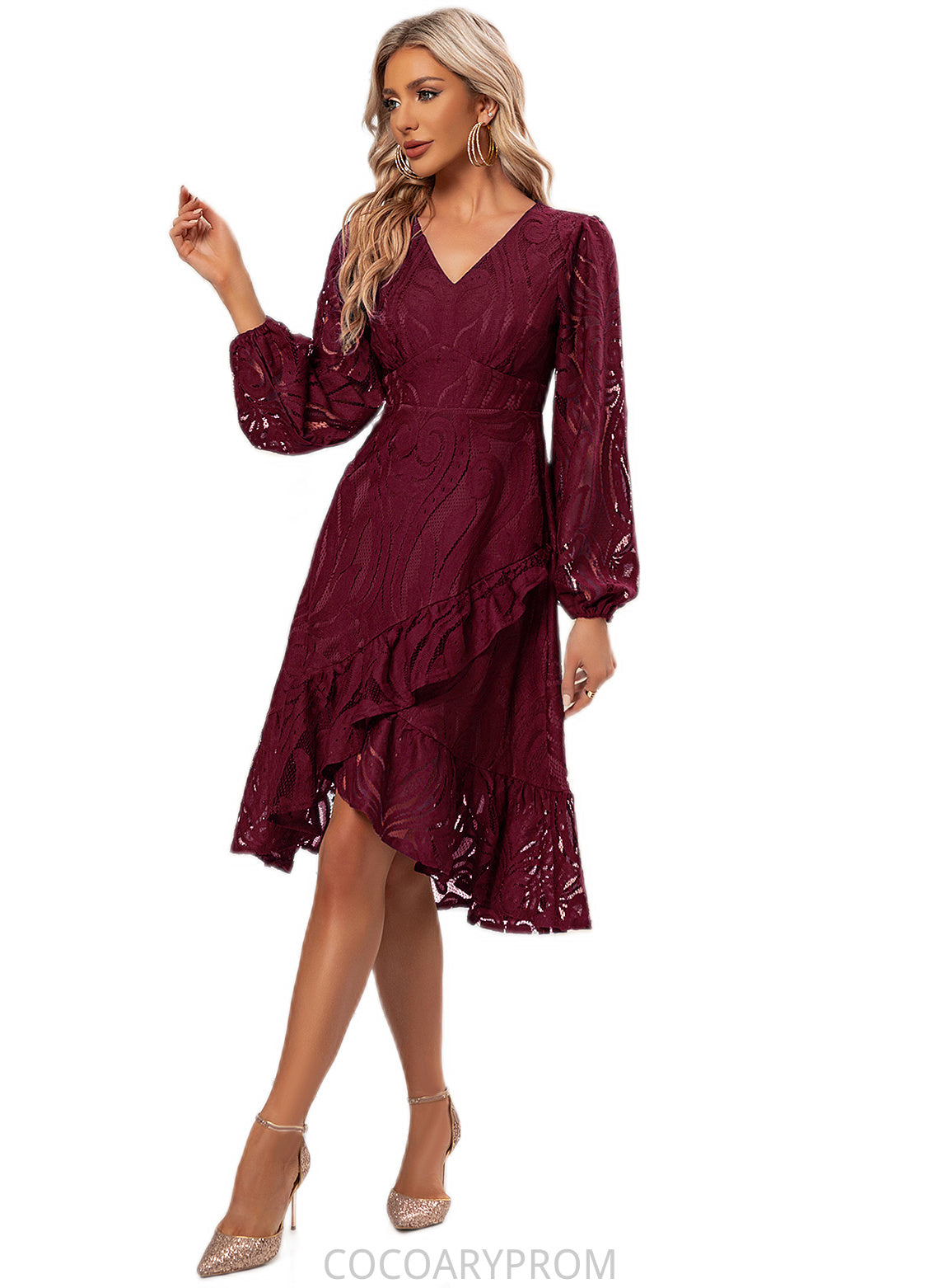 Libby Jacquard V-Neck Elegant A-line Lace Midi Dresses DA8P0022269