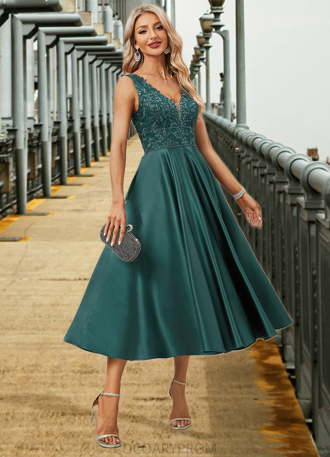 Kassidy A-line V-Neck Tea-Length Lace Satin Evening Dress With Sequins DA8P0022270