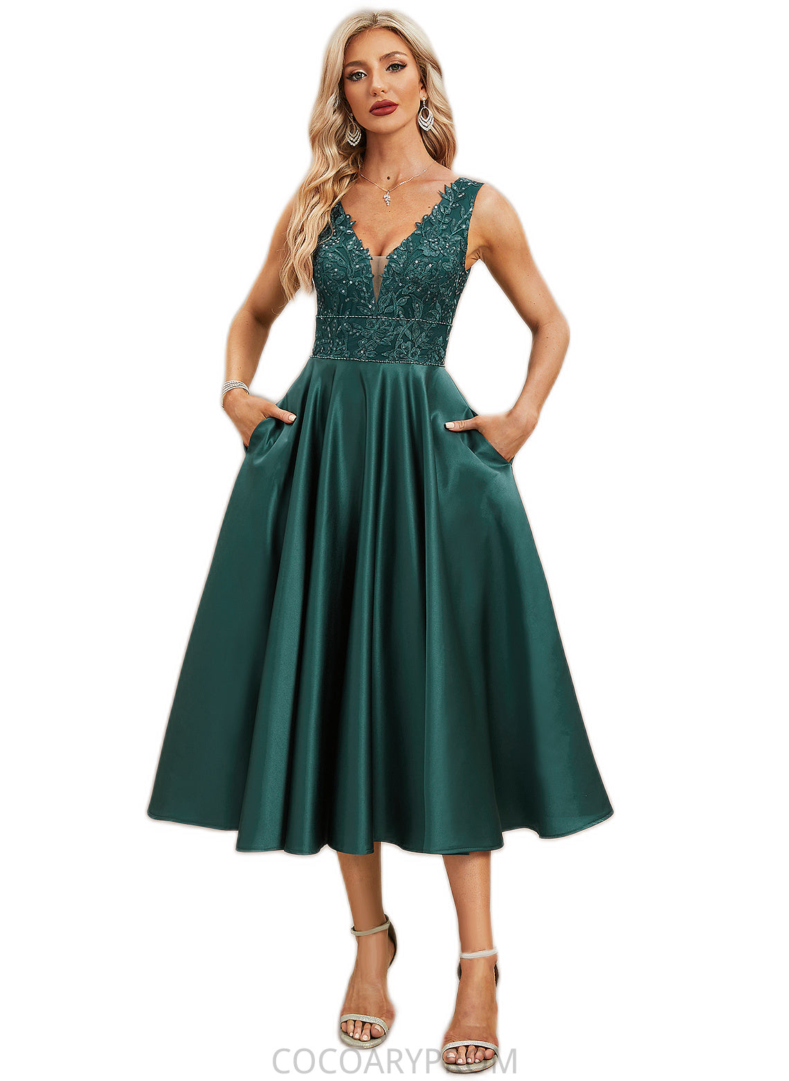 Alicia A-line V-Neck Tea-Length Lace Satin Evening Dress With Sequins DA8P0022270