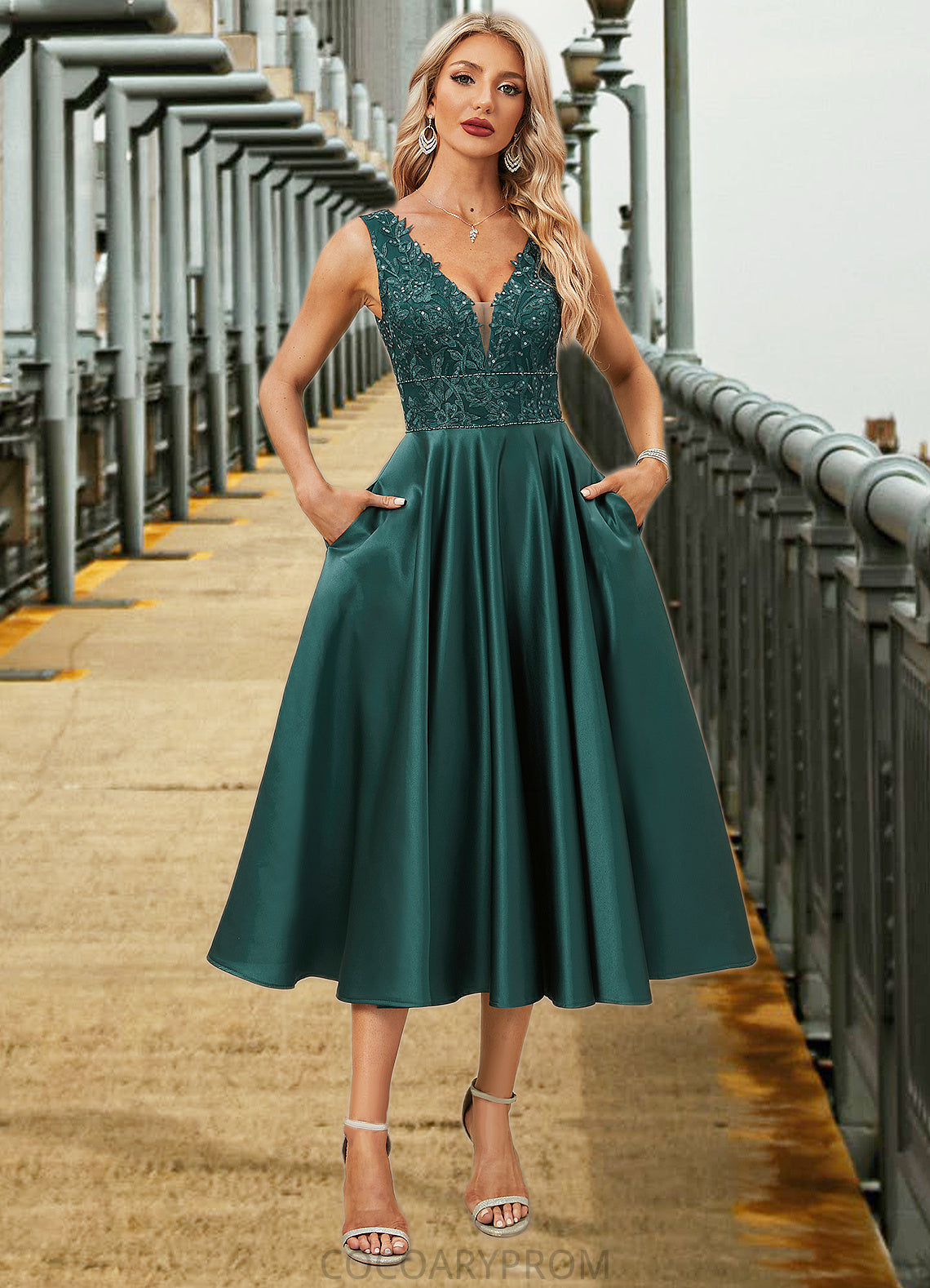 Kassidy A-line V-Neck Tea-Length Lace Satin Evening Dress With Sequins DA8P0022270