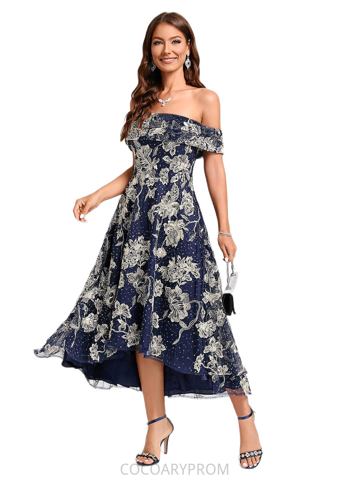 Saniyah A-line Off the Shoulder Asymmetrical Lace Sequin Cocktail Dress With Sequins DA8P0022274