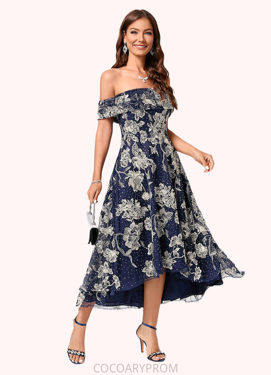 Iyana A-line Off the Shoulder Asymmetrical Lace Sequin Cocktail Dress With Sequins DA8P0022274