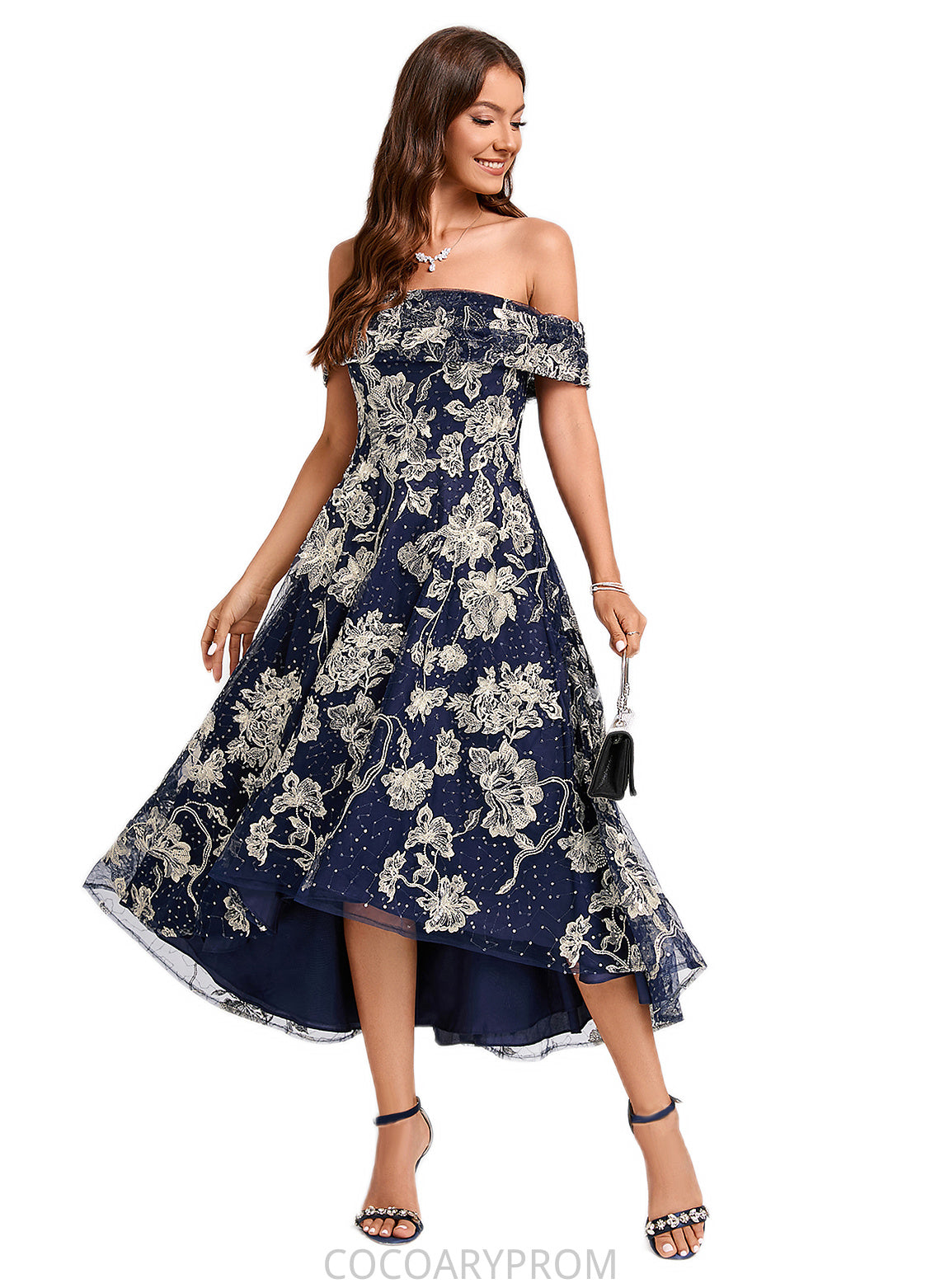 Saniyah A-line Off the Shoulder Asymmetrical Lace Sequin Cocktail Dress With Sequins DA8P0022274