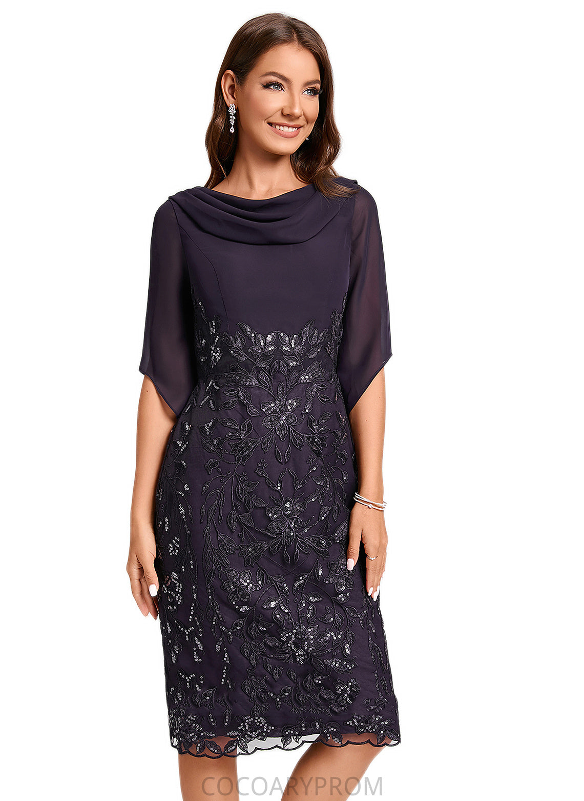 Hailie Sheath/Column Cowl Knee-Length Chiffon Lace Cocktail Dress With Ruffle Sequins DA8P0022287