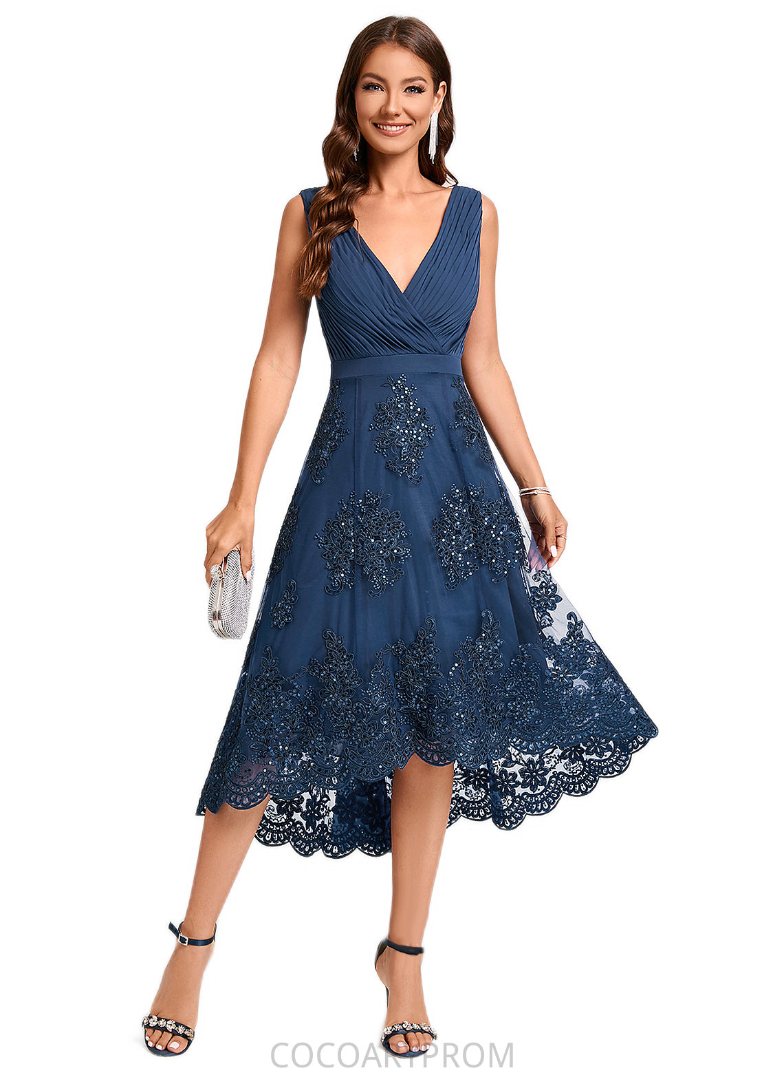 Janessa A-line V-Neck Asymmetrical Chiffon Lace Sequin Cocktail Dress With Pleated Sequins DA8P0022288