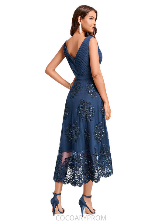 Janessa A-line V-Neck Asymmetrical Chiffon Lace Sequin Cocktail Dress With Pleated Sequins DA8P0022288