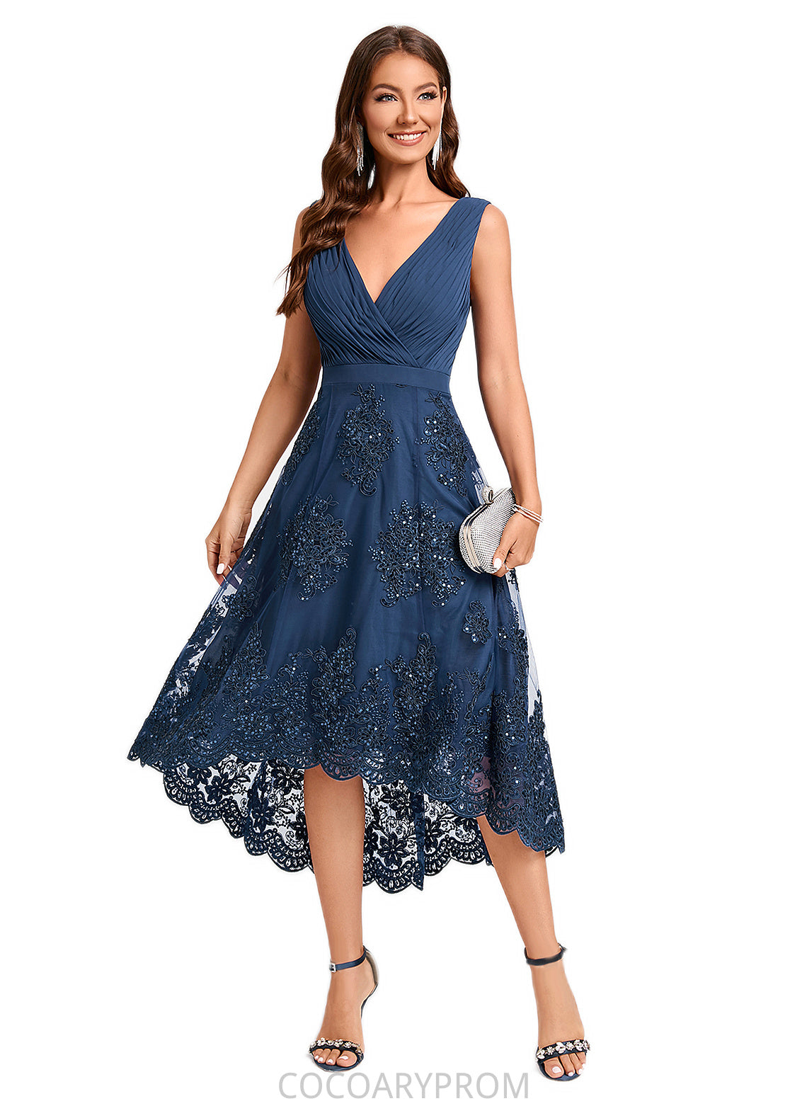 Janessa A-line V-Neck Asymmetrical Chiffon Lace Sequin Cocktail Dress With Pleated Sequins DA8P0022288