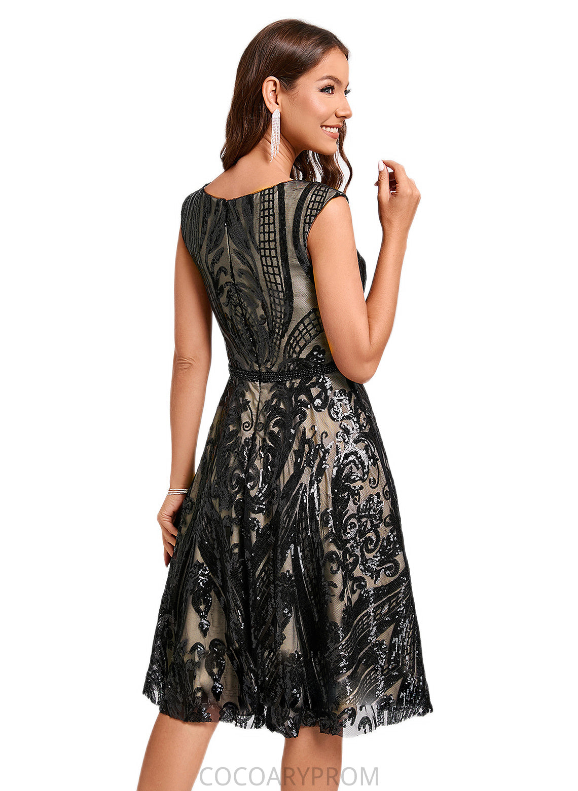 Paola A-line V-Neck Knee-Length Lace Sequin Cocktail Dress With Sequins DA8P0022289