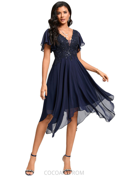 Kaitlynn A-line V-Neck Tea-Length Chiffon Cocktail Dress With Sequins DA8P0022296