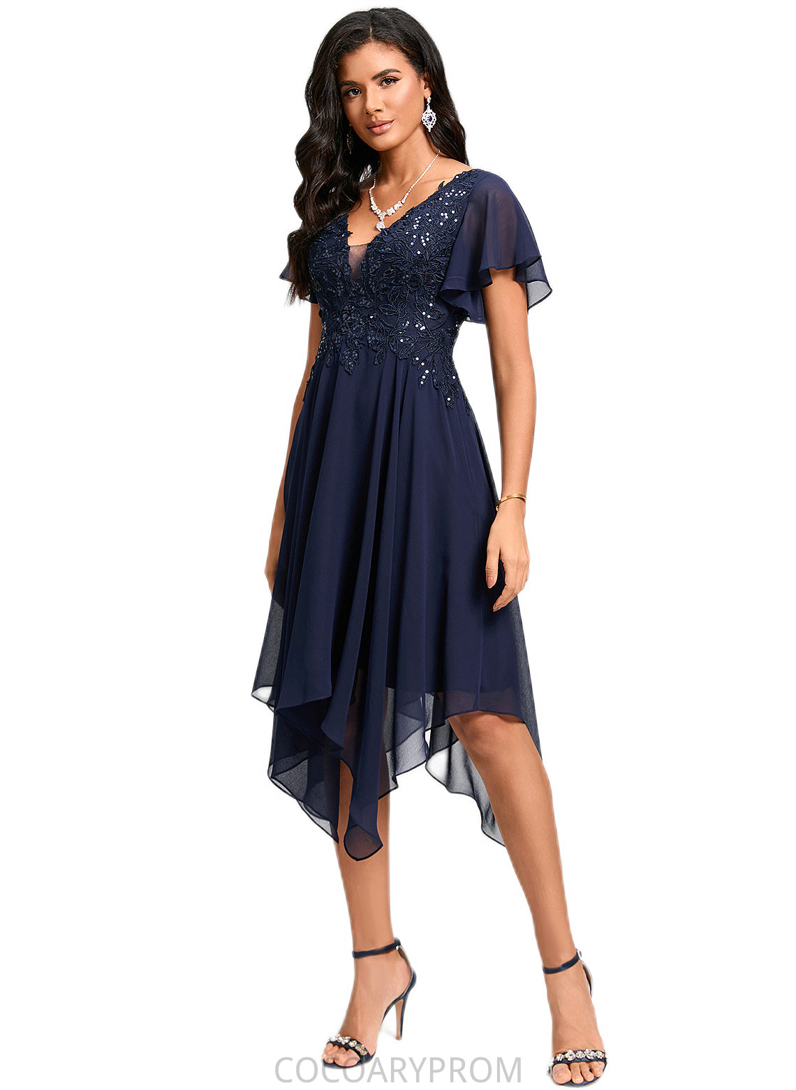 Kaitlynn A-line V-Neck Tea-Length Chiffon Cocktail Dress With Sequins DA8P0022296