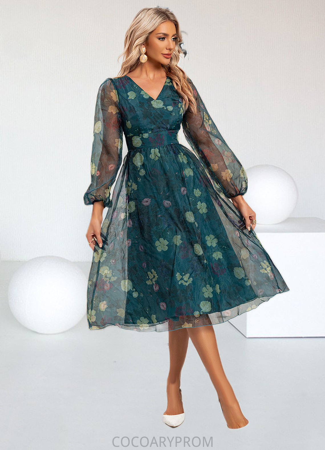 Celia Floral Print V-Neck Elegant A-line Organza Midi Dresses DA8P0022297