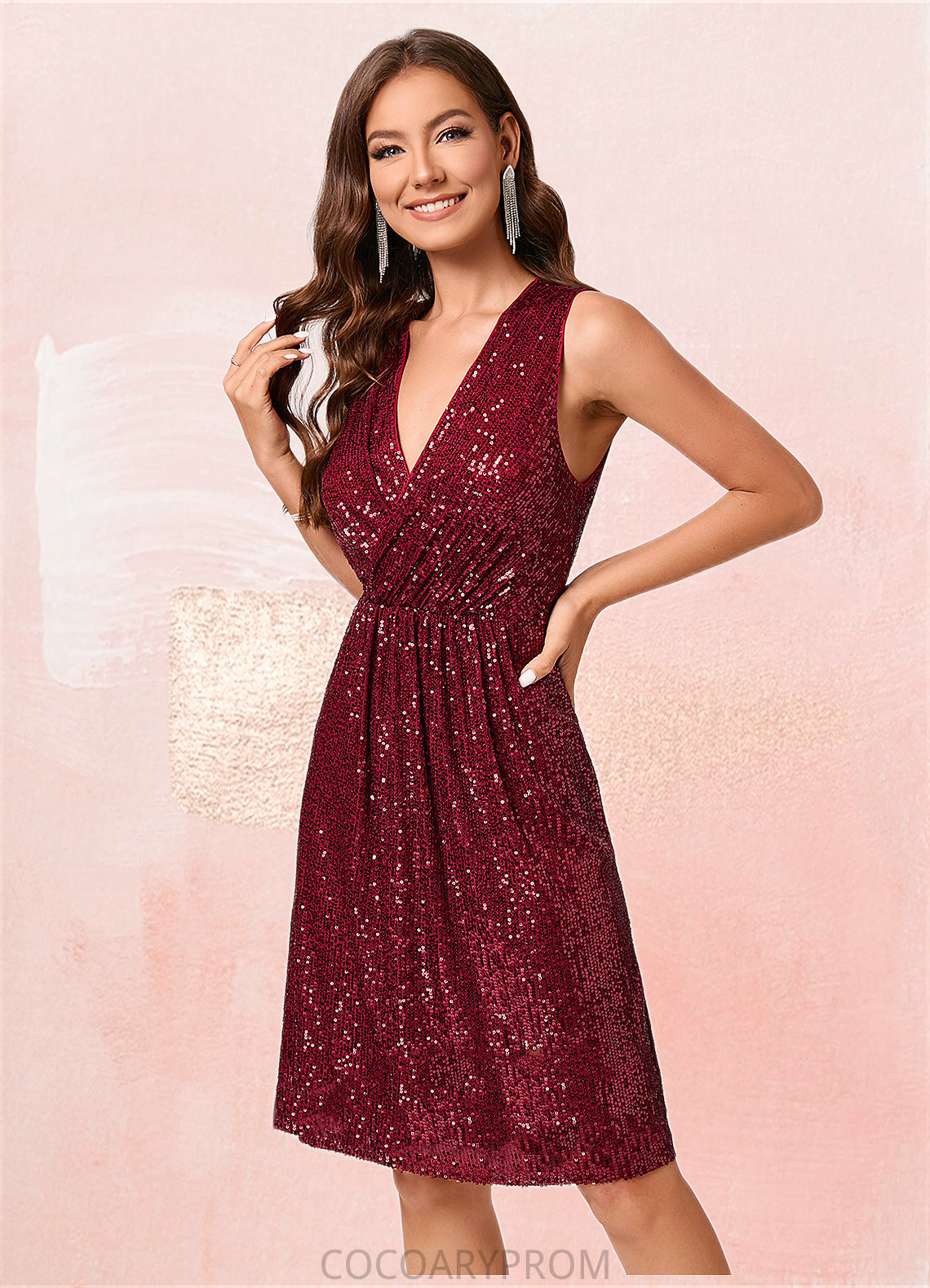 Rhianna A-line V-Neck Knee-Length Sequin Cocktail Dress With Sequins DA8P0022300