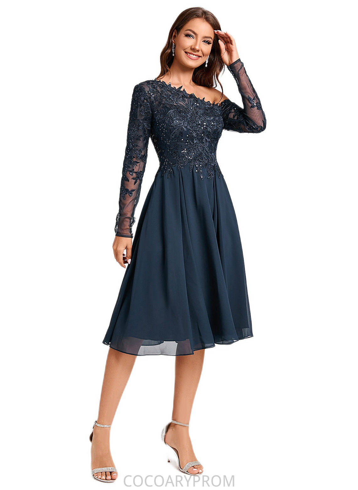 Kiana A-line One Shoulder Knee-Length Chiffon Lace Sequin Cocktail Dress With Sequins DA8P0022310