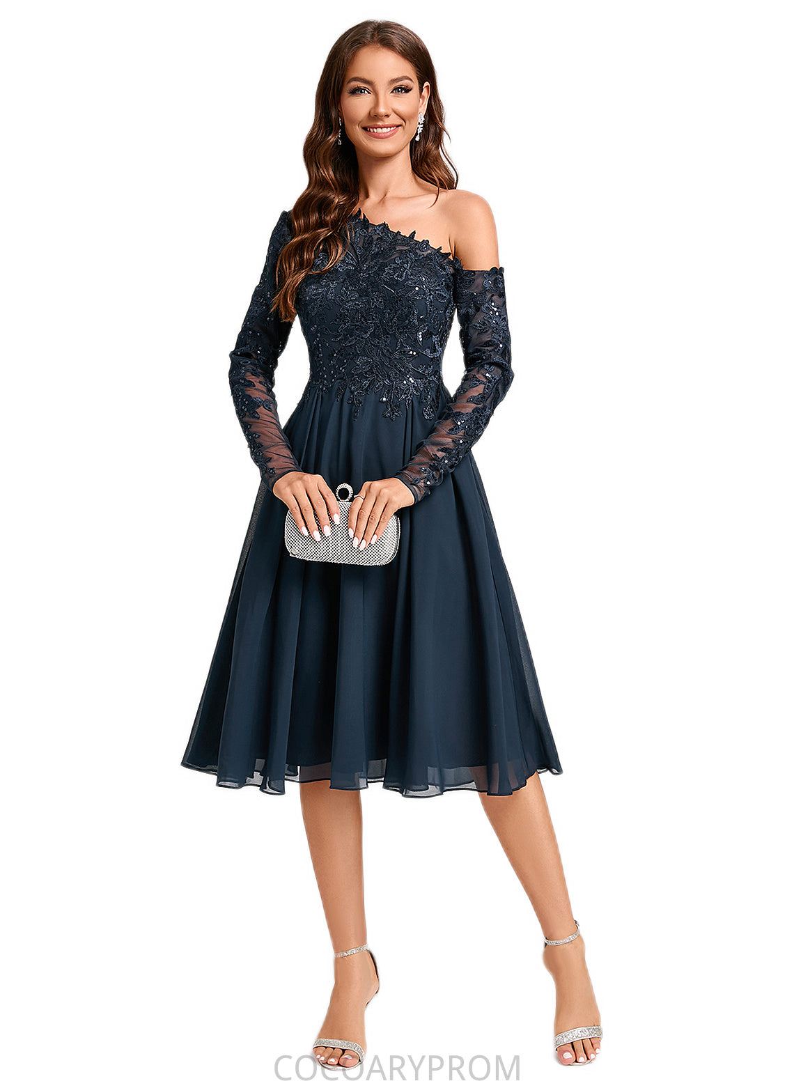 Kiana A-line One Shoulder Knee-Length Chiffon Lace Sequin Cocktail Dress With Sequins DA8P0022310